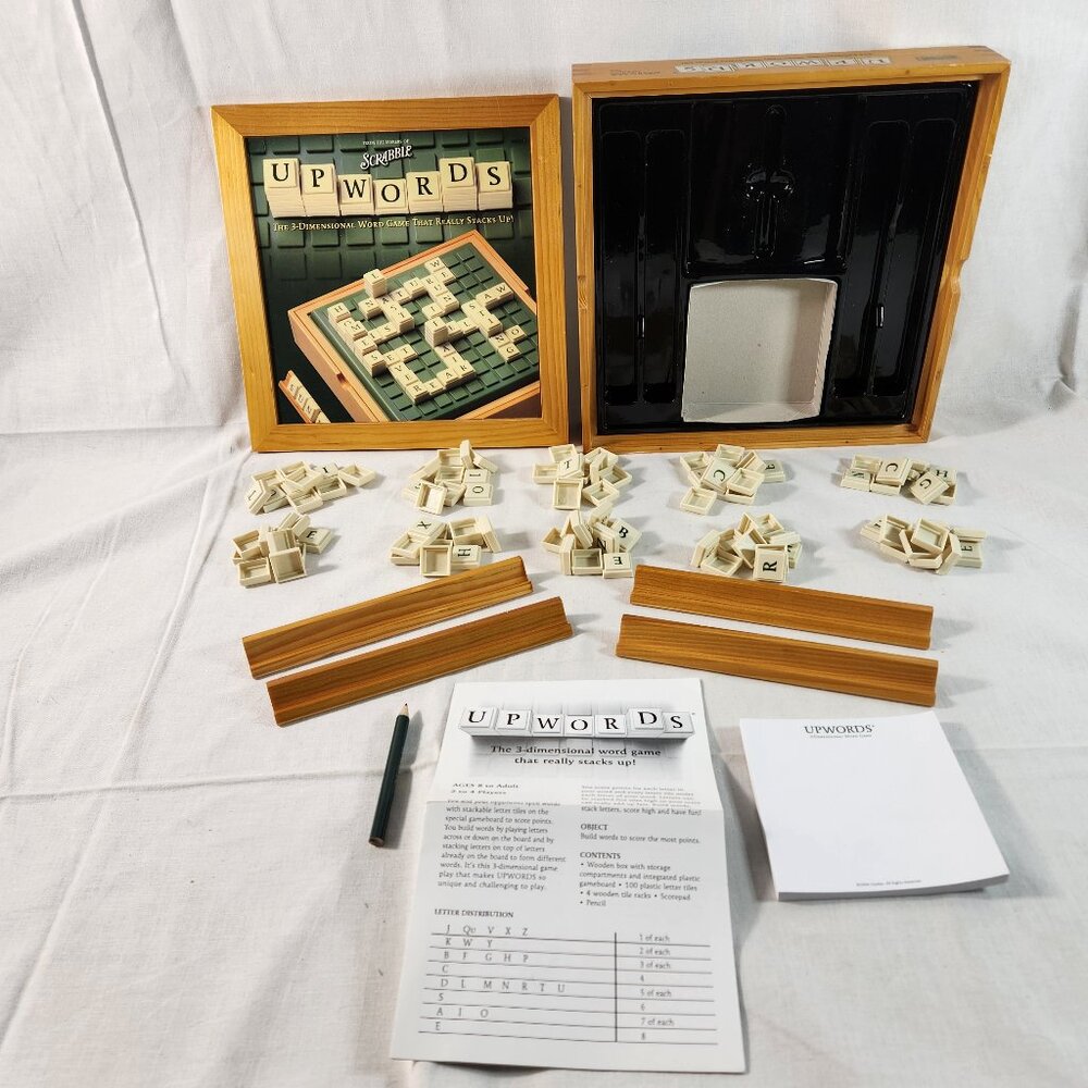 Scrabble Upwords 3-D Word Stacking Board Game in WOODEN BOX 2004 Complete EUC